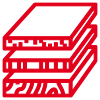 Icon mit roter Kontur: drei übereinander platzierte Laminatdielen mit unterschiedlichen Stärken