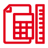 Icon mit roter Kontur: Meterstab und Blatt Papier auf dem ein Taschenrechner liegt
