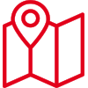 Icon mit roter Kontur: gefaltete Landkarte mit Location Pinnadel