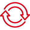 Icon mit roter Kontur: zwei Pfeile, die sich im Kreis drehen