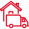 Icon mit roter Kontur: Lieferfahrzeug, das vor einem Haus Ware ablädt