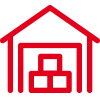 Icon mit roter Kontur: Lagerhaus gefüllt mit Ware