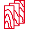 Icon mit roter Kontur: Icon mit roter Kontur: drei hintereinander stehende Dielen zeigen jeweils unterschiedliche Holzmaserungen