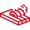 Icon mit roter Kontur: Ein Holzbalken wir von Sägen zersägt, Isometrische Ansicht