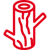 Icon mit roter Kontur: Ein abgesägter Baumstumpf mit Ästen steht für das Naturprodukt Holz