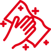 Icon mit roter Kontur: Eine Hand wischt mit einem Tuch