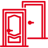 Icon mit roter Kontur: zwei Türen, eine klassisch, eine modern, überlappen sich leicht