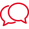 Icon mit roter Kontur: zwei sich überlappende Sprechblasen