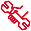 Icon mit roter Kontur: Hand, die ein Werkzeug hält
