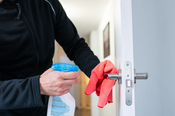 Ein Mann hält in der linken Hand einen roten Putzlappen an eine hochwertige Innentür und reinigt mithilfe einer Sprühflasche die Türobefläche