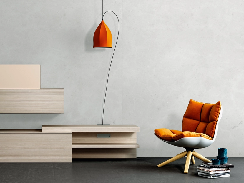 SPC Wandplatten in Betonoptik | davor ein minimalistischer Leseplatz
