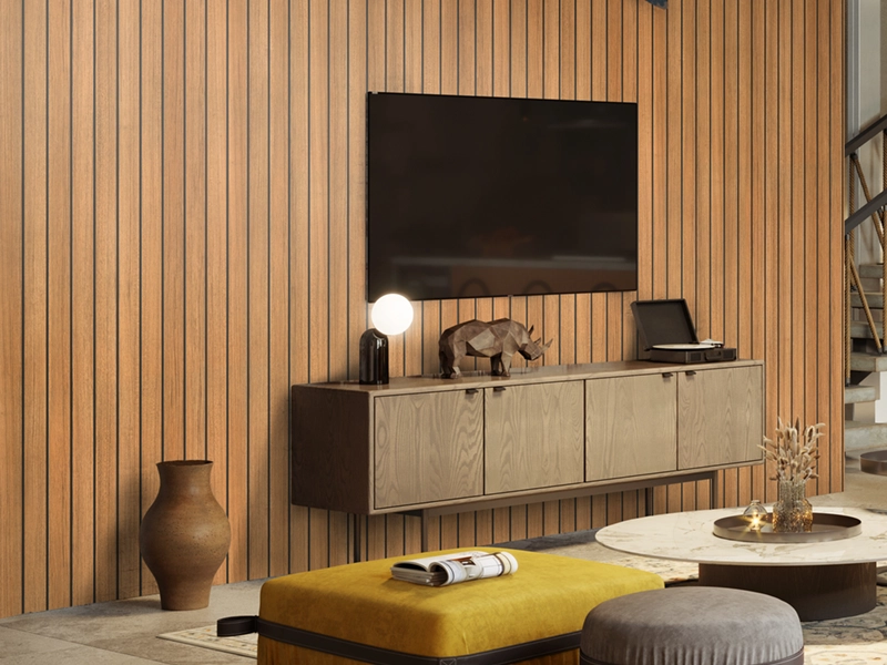 SPC Wandplatten mit Holzdekor in einem modernen Wohnzimmer