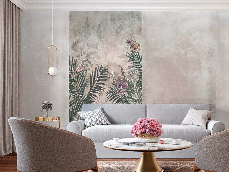 Graue und florale SPC Wandplatten zieren einen modernen Wohnbereich